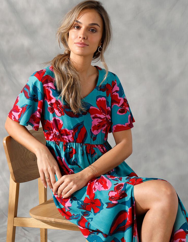 Robe longue manches "papillon" imprimée grandes fleurs (lagon / corail)