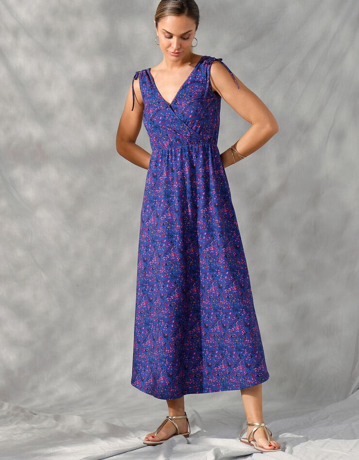 Robe longue imprimée épaules nouées (bleu / violine) Robe longue imprimée épaules nouées (bleu / violine)