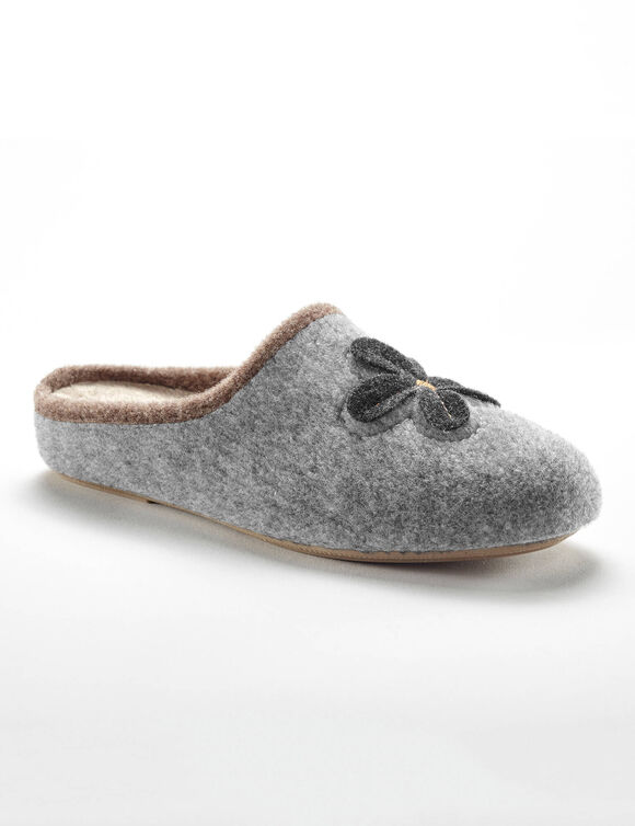 Chaussons mules fleur brod&eacute;e - largeur confort (gris chin&eacute;)