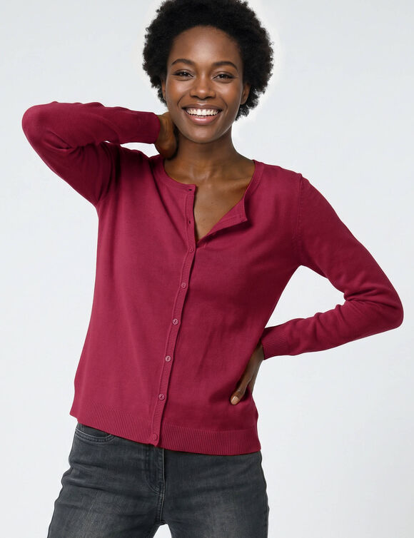Cardigan boutonn&eacute; col rond uni, toucher doux (prune)