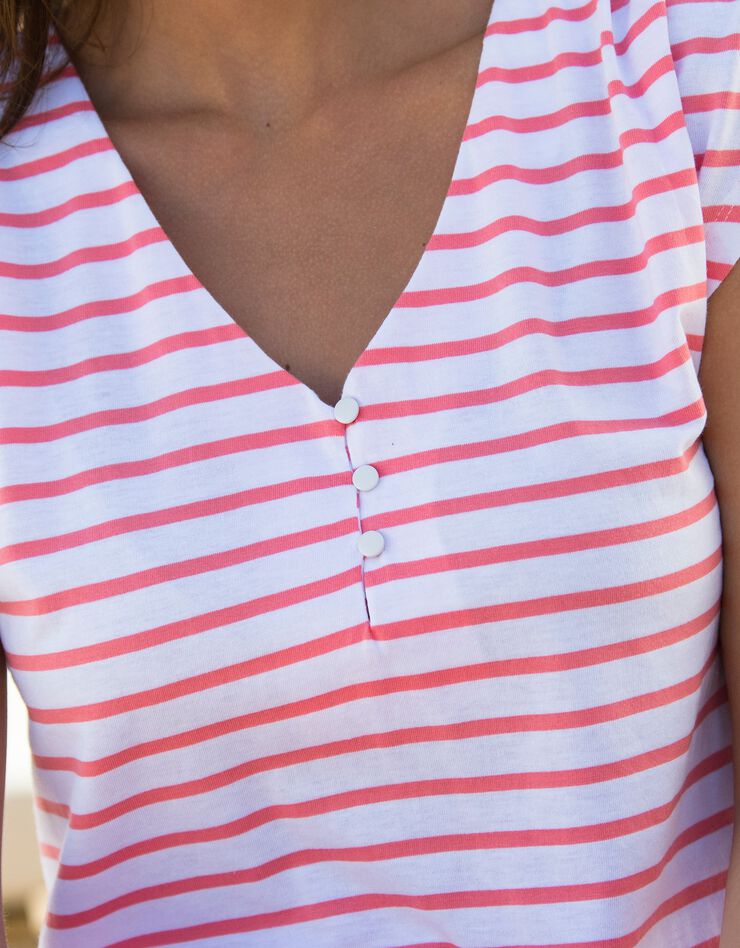 Tee-shirt col V rayé (blanc / corail)
