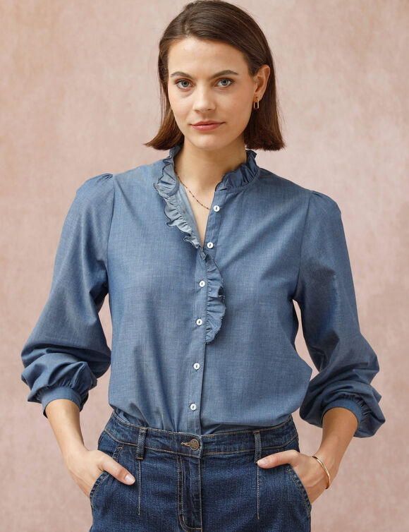 Chemisier col volanté en chambray (stone)