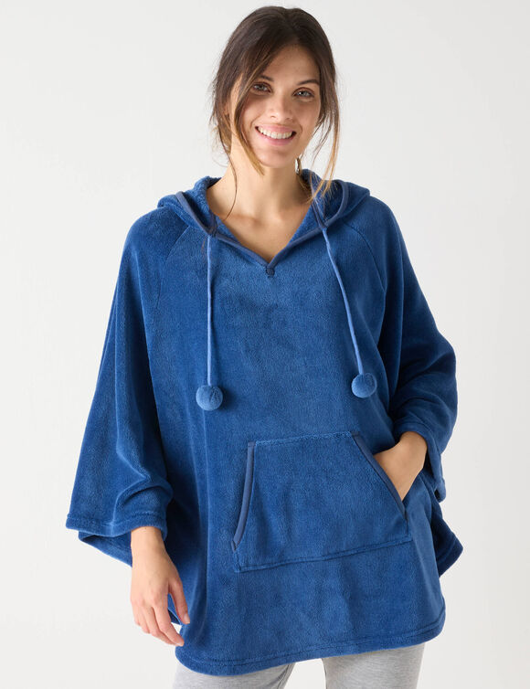 Poncho &agrave; capuche, maille polaire toucher peluche (bleu)