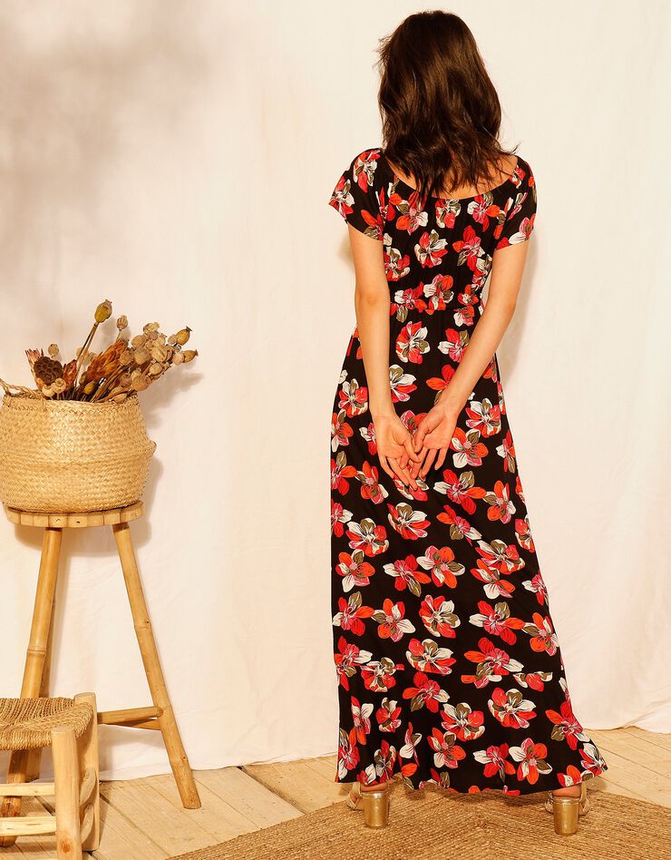 Robe longue manches courtes (noir / corail) Robe longue manches courtes (noir / corail)
