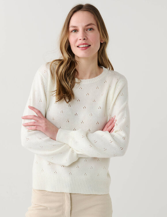 Pull col rond, maille pointelle toucher doux (&eacute;cru)