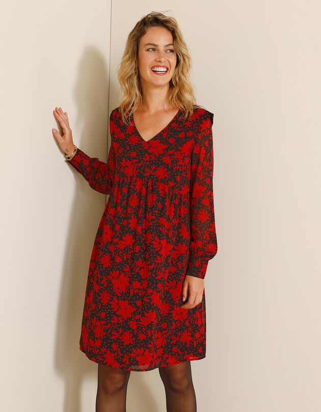 Robe voile Georgette imprimé végétal stylisé (noir / rouge)