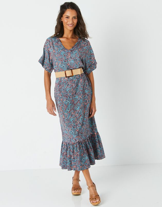 Robe longue volantée imprimée, spécial petites (kaki / marine)
