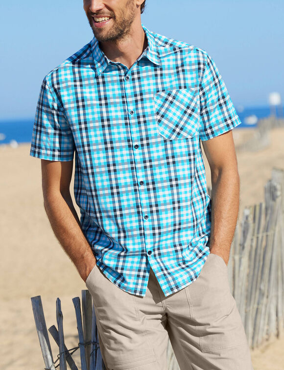  Chemise &agrave; carreaux manches courtes polycoton (bleu)
