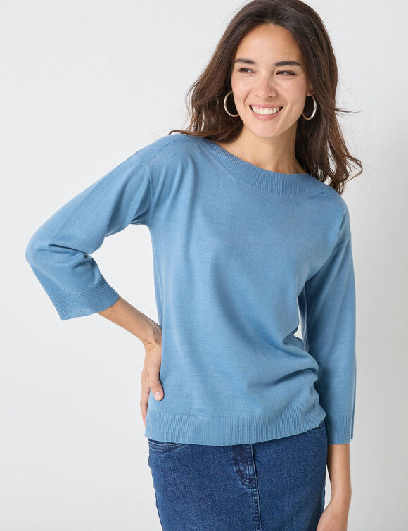 Pull col bateau manches 3/4, toucher doux (bleu grisé)