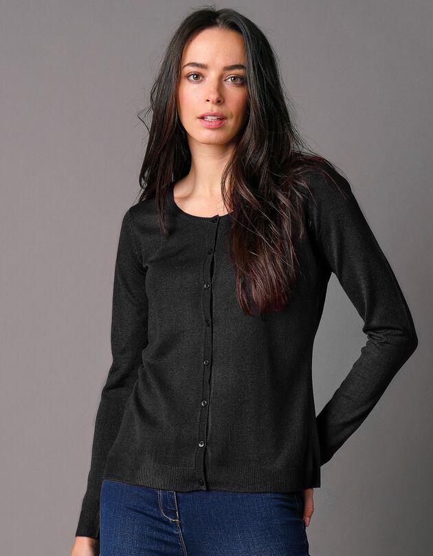 Cardigan boutonné col rond uni toucher cachemire (noir)