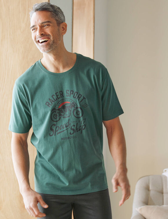 T-shirt pyjama impression placée manches courtes (vert foncé)