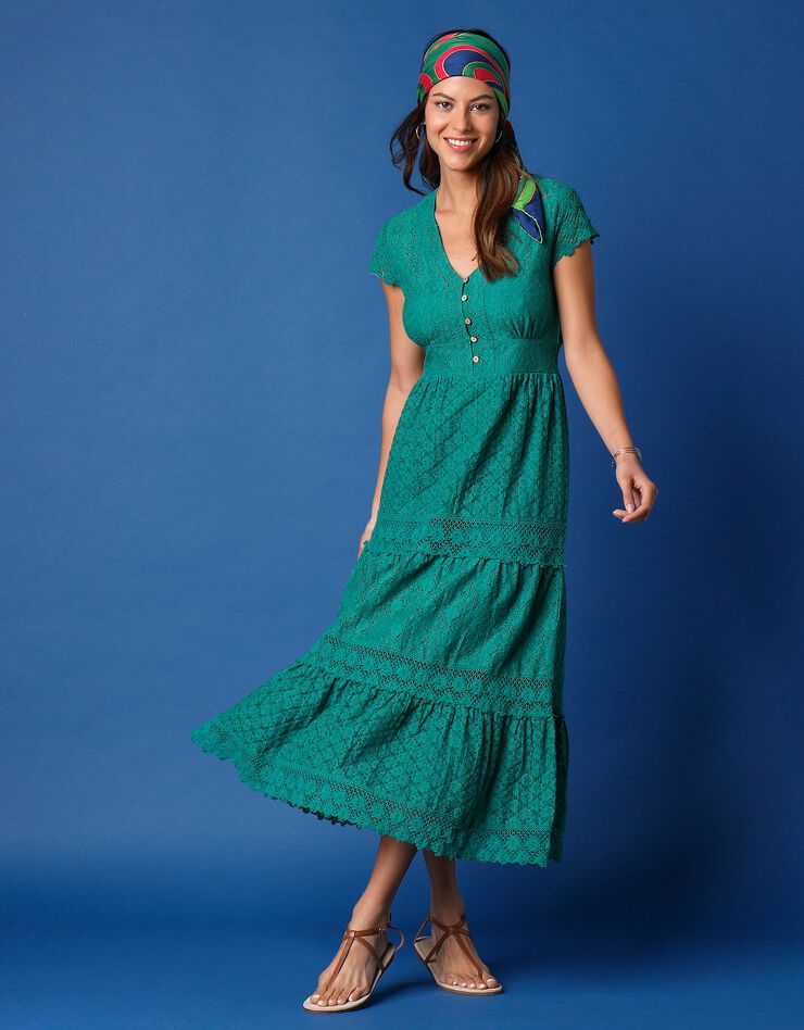 Robe longue col V dentelle macramé (vert)
