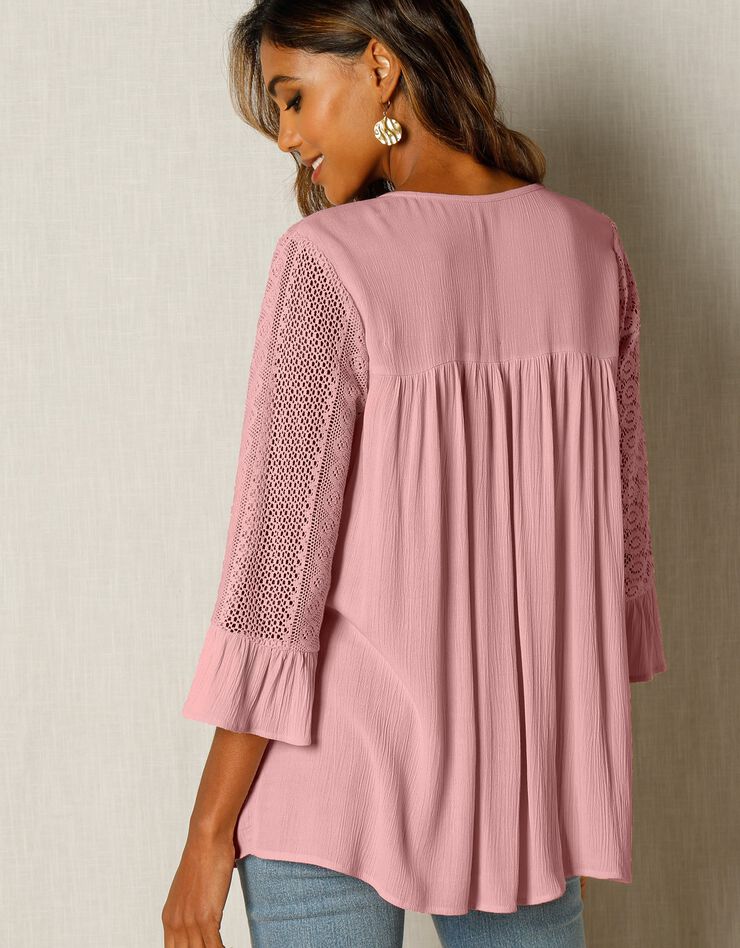 Blouse unie col V manches 3/4 macramé (bois de rose) Blouse unie col V manches 3/4 macramé (bois de rose)