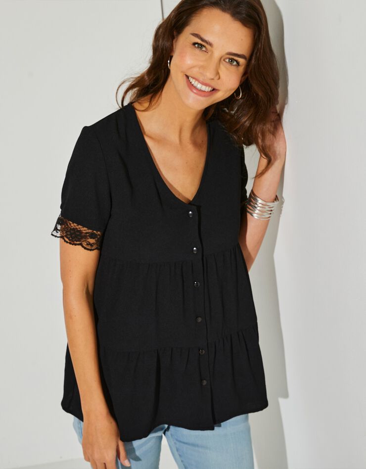 Blouse boutonnée volantée unie (noir) Blouse boutonnée volantée unie (noir)