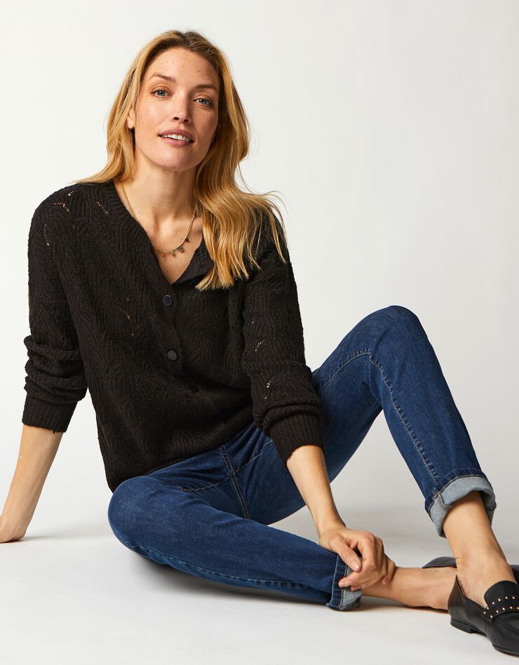 Gilet boutonné maille perlée ajourée (noir)