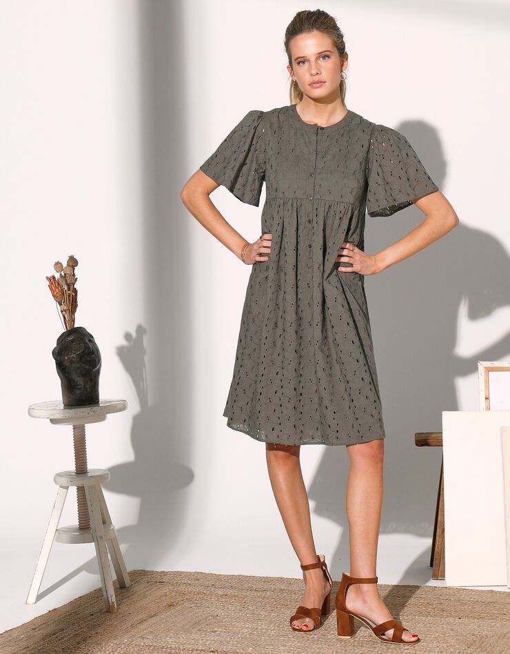 Robe évasée, broderie anglaise (kaki)