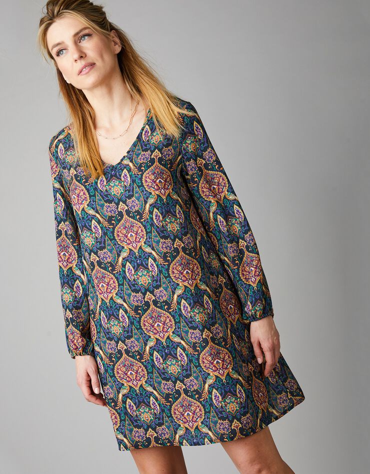 Robe en crêpe imprimé façon cachemire (noir / multicolore) Robe en crêpe imprimé façon cachemire (noir / multicolore)