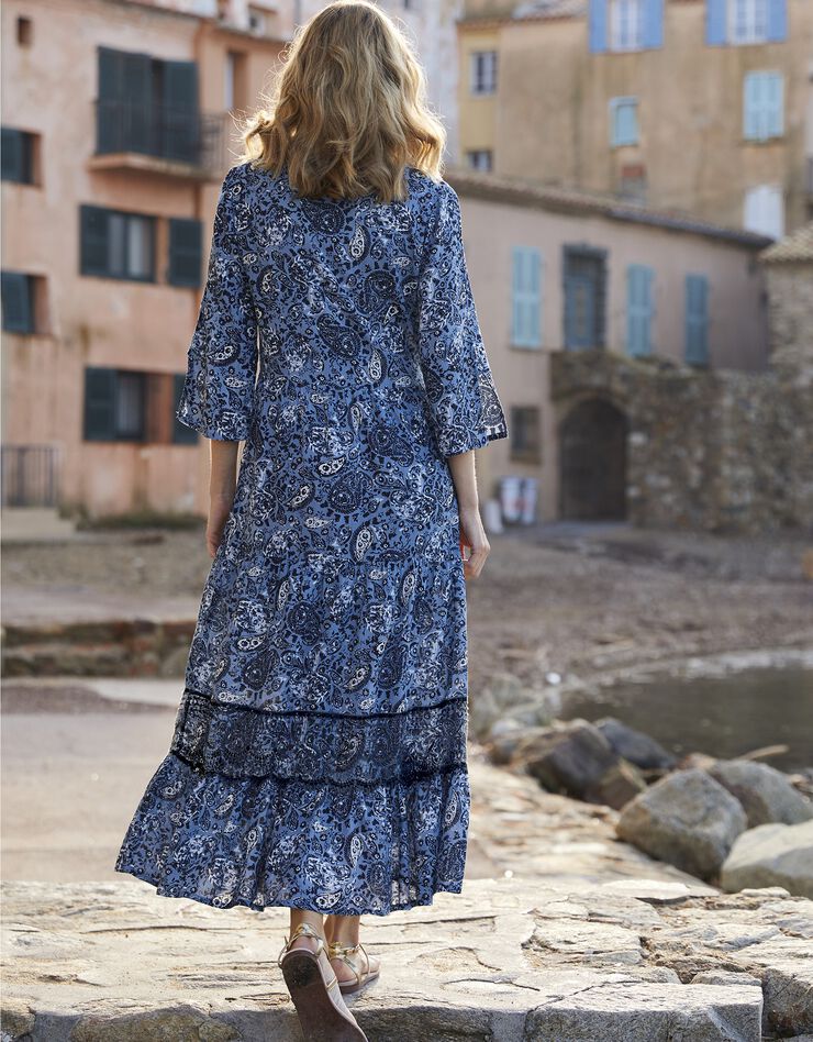 Robe longue imprimée manches 3/4 fendues (bleu / indigo)
