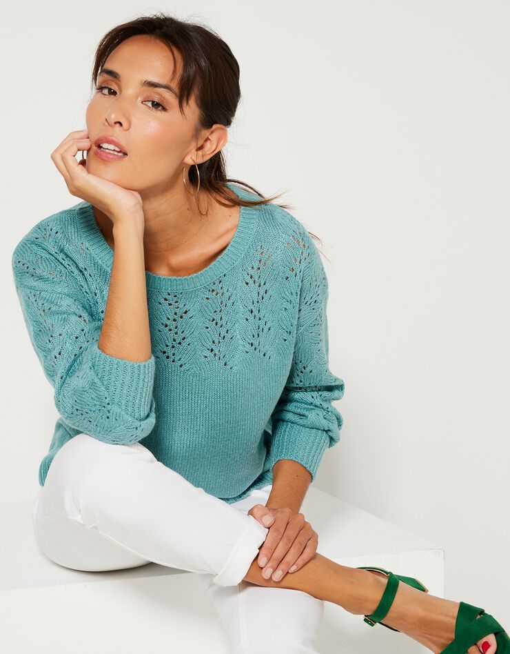 Pull manches longues blousantes, maille ajourée toucher mohair (vert grisé) Pull manches longues blousantes, maille ajourée toucher mohair (vert grisé)