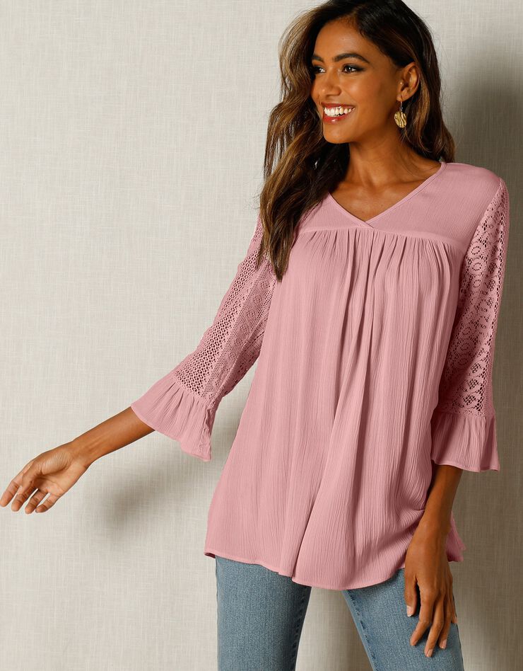 Blouse unie col V manches 3/4 macramé (bois de rose) Blouse unie col V manches 3/4 macramé (bois de rose)