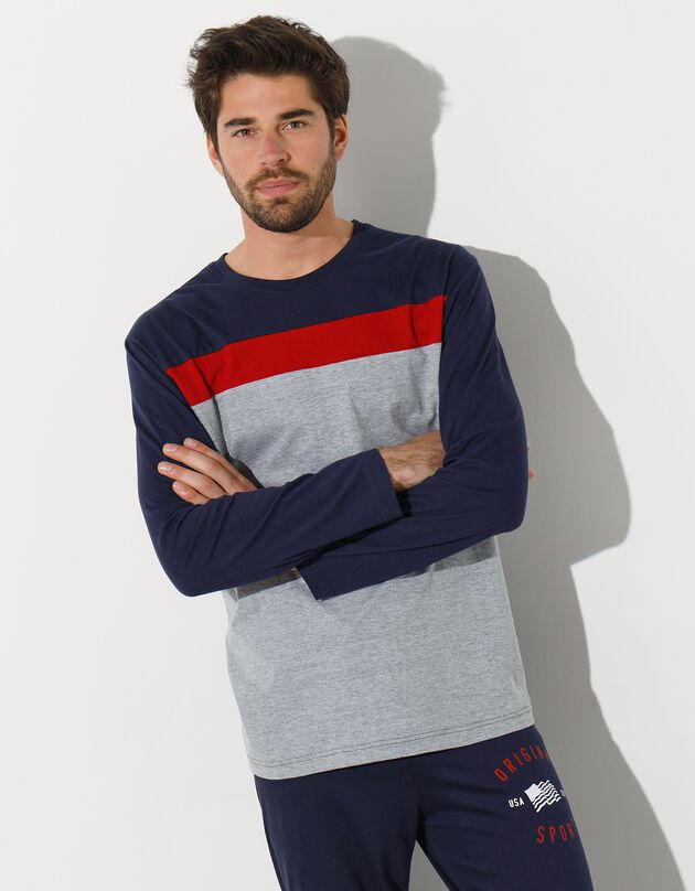 Tee-shirt pyjama tricolore manches longues (marine / gris chiné)