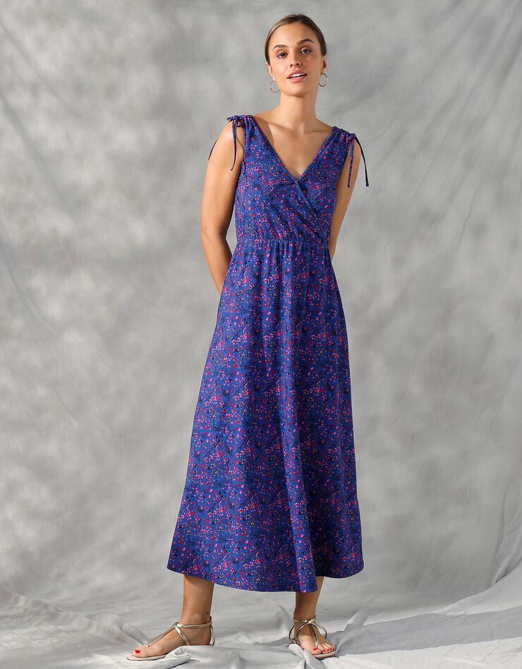 Robe longue imprimée épaules nouées (bleu / violine) Robe longue imprimée épaules nouées (bleu / violine)