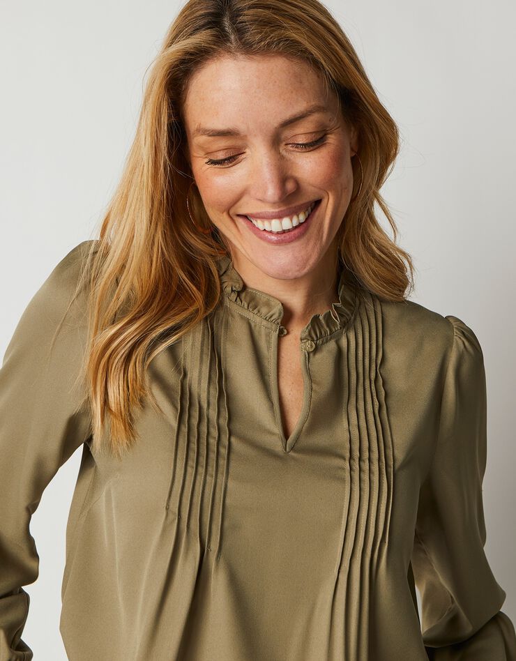 Blouse à plis manches longues unie (kaki clair) Blouse à plis manches longues unie (kaki clair)