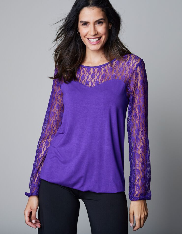 Tee-shirt empiècement dentelle - manches longues (violet)