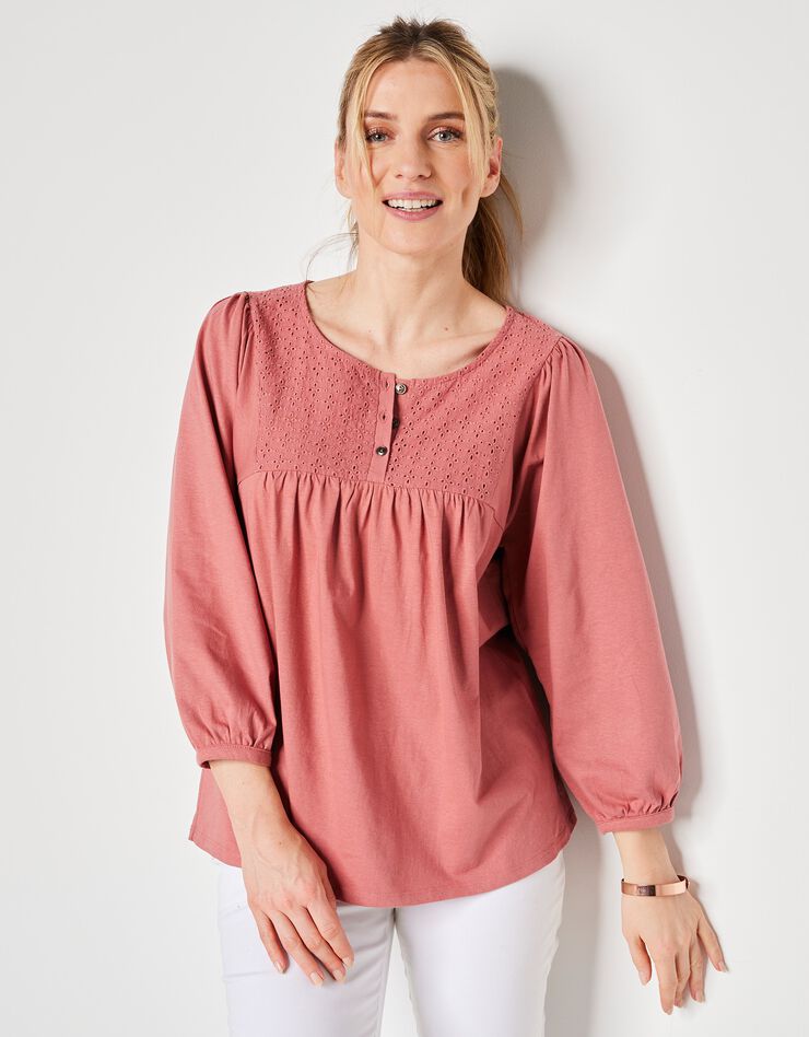 Tee-shirt manches 3/4, empiècement broderie anglaise (terracotta) Tee-shirt manches 3/4, empiècement broderie anglaise (terracotta)
