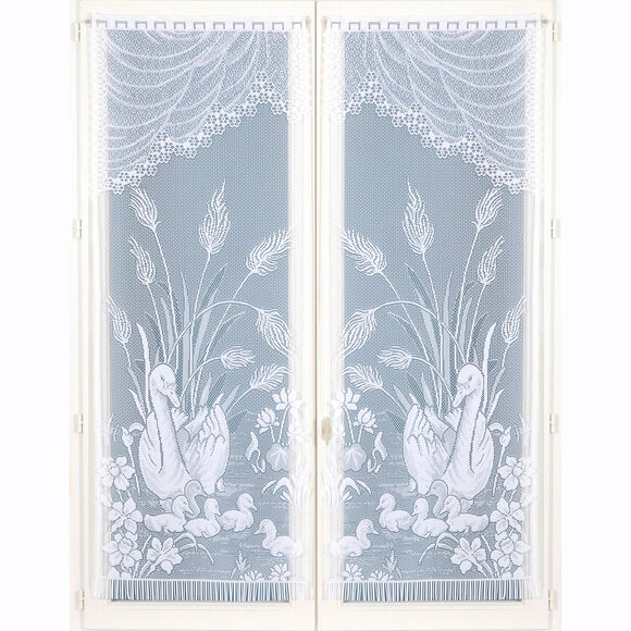 Vitrage droit motif cygnes - paire (blanc)