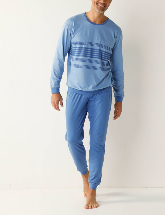 Pyjama coton ray&eacute; manches longues (bleu)