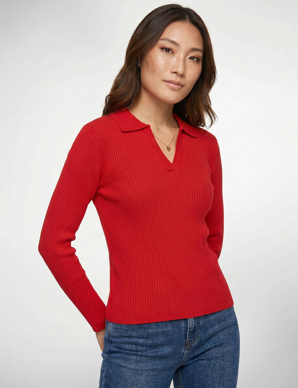 Pull col polo, maille c&ocirc;tel&eacute;e (rouge)