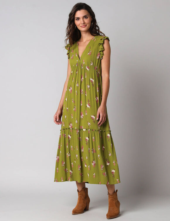 Robe longue col V, en cr&eacute;pon imprim&eacute; bouquets fleuris (vert)