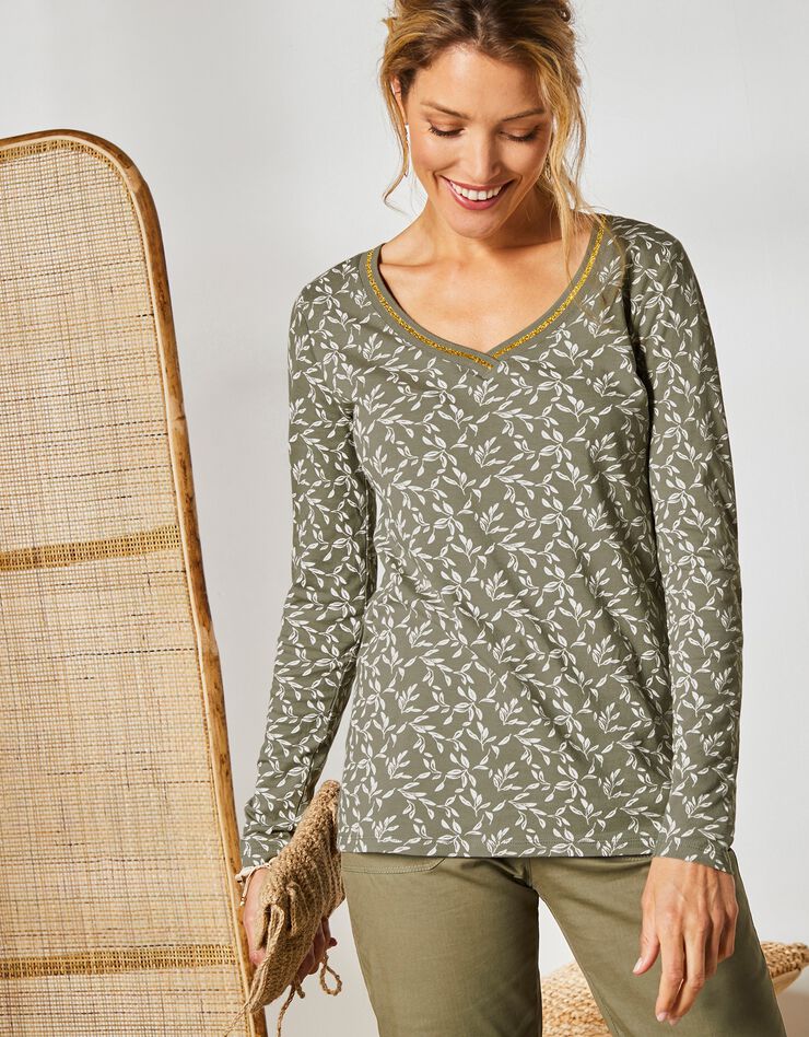 Tee-shirt manches longues, imprimé feuillage (kaki clair) Tee-shirt manches longues, imprimé feuillage (kaki clair)