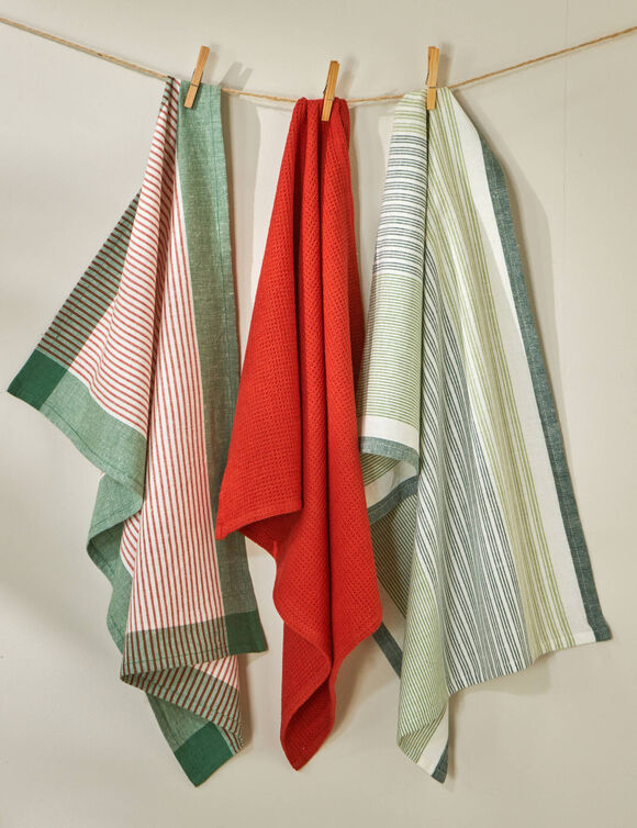 Torchons rayés et uni coton tissé teint - lots (vert / terracotta)