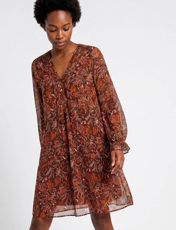 Robe imprim&eacute;e &agrave; plis, imprim&eacute; for&ecirc;t (chocolat / rose)