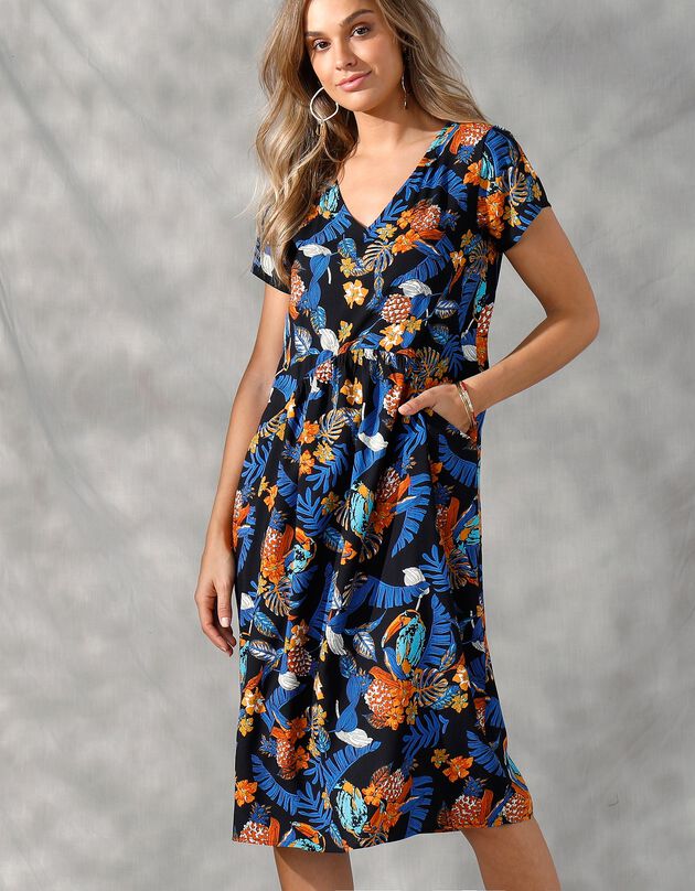 Robe ample en viscose imprimée manches courtes (noir / bleu)