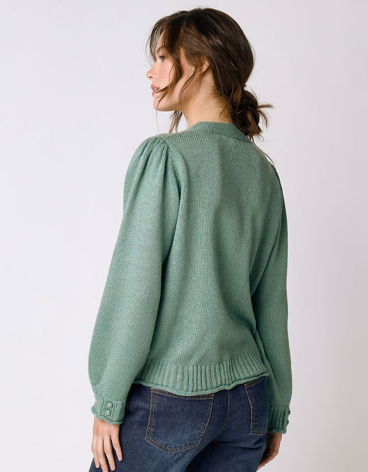 Gilet boutonné finitions roulottées, toucher mohair (vert amande) Gilet boutonné finitions roulottées, toucher mohair (vert amande)
