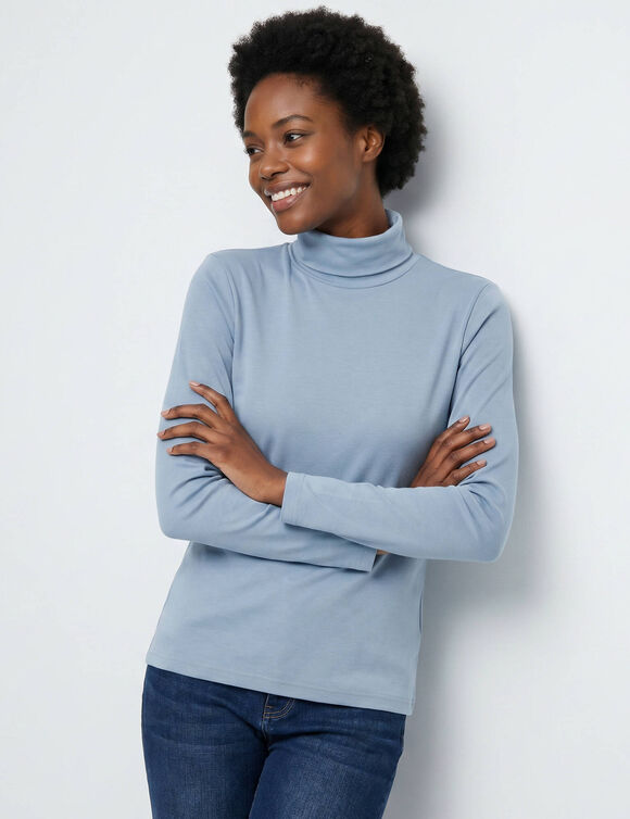 Sous-pull col roul&eacute; coton stretch uni (bleu gris&eacute;)