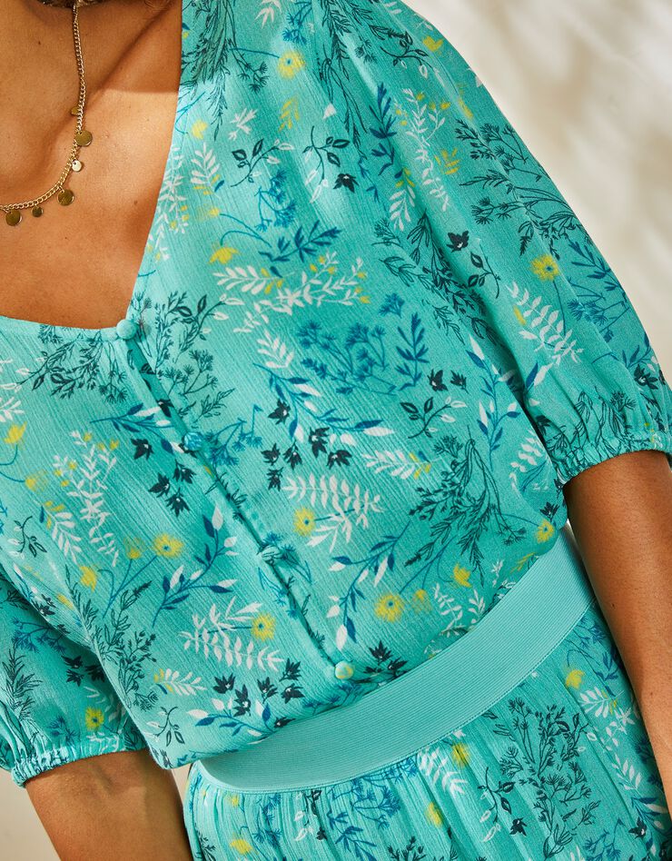 Blouse boutonnée imprimé fleuri, crépon (vert grisé) Blouse boutonnée imprimé fleuri, crépon (vert grisé)