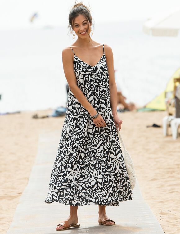 Robe longue imprimée, bretelles réglables (noir / blanc)