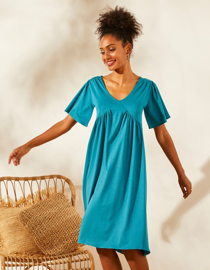 Robe ample froncée à manches courtes (bleu paon) Robe ample froncée à manches courtes (bleu paon)