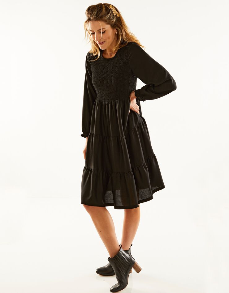 Robe smockée manches longues unie (noir)