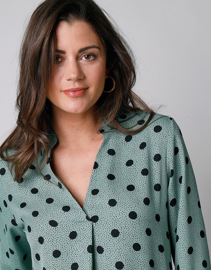 Blouse imprimé pois col tunisien, crêpe (vert / marine) Blouse imprimé pois col tunisien, crêpe (vert / marine)