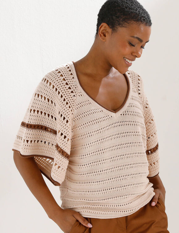 Pull manches courtes papillons, maille fantaisie (gr&egrave;ge / caramel)