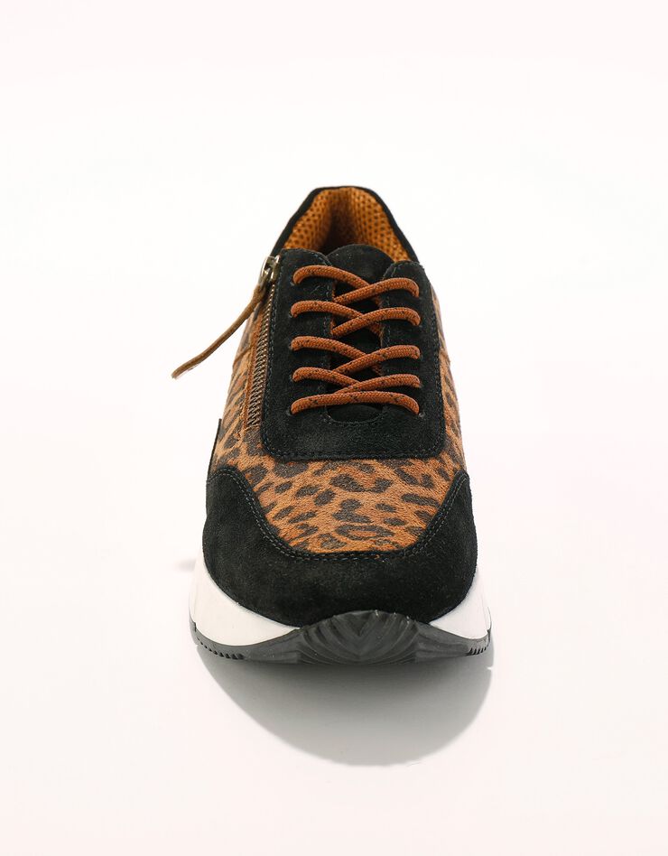 Baskets style running zippées en cuir bimatière - imprimé léopard (marron / noir) Baskets style running zippées en cuir bimatière - imprimé léopard (marron / noir)