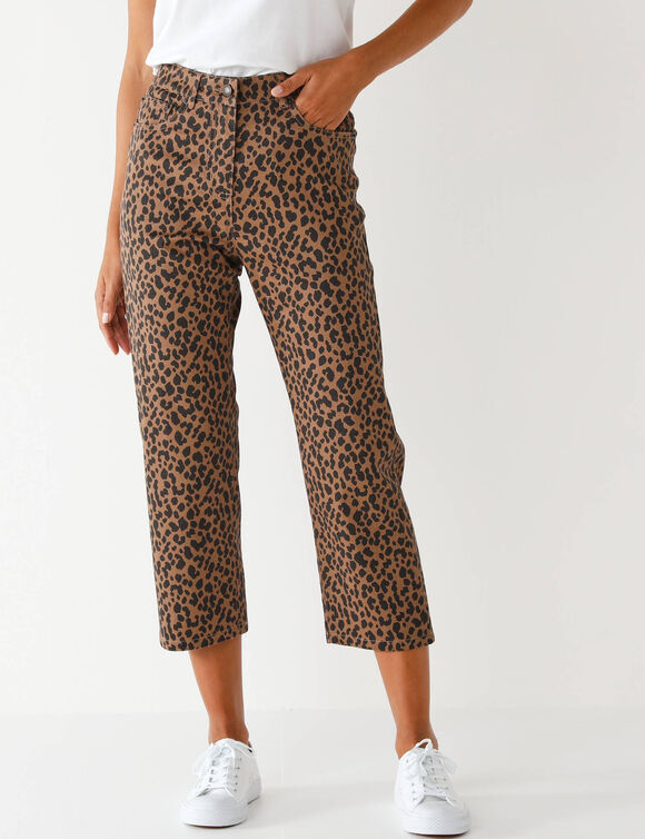 Pantacourt droit, imprim&eacute; l&eacute;opard  (taupe / noir)