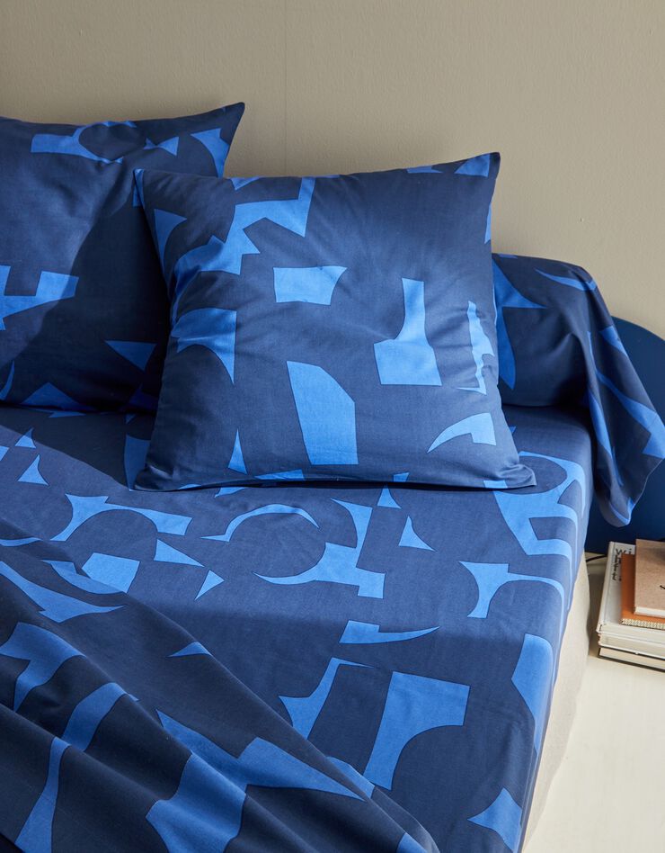 Linge de lit Puzzle en coton imprimé géométrique (bleu)