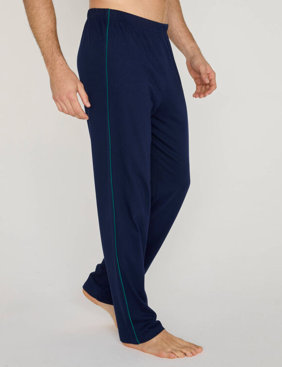 Pantalon pyjama uni coton piping contrast&eacute; (marine / vert)
