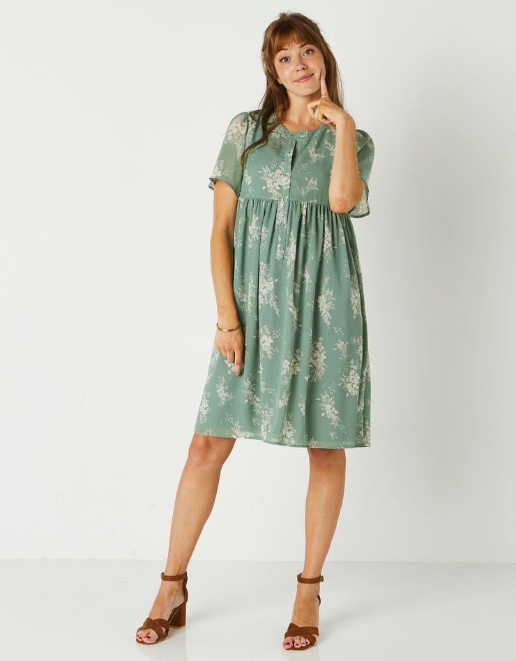 Robe évasée, voile imprimé bicolore (vert / écru)